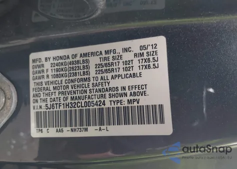 2012 Honda Crosstour Ex z USA, uszkodzony, nr VIN 5J6TF1H32CL005424